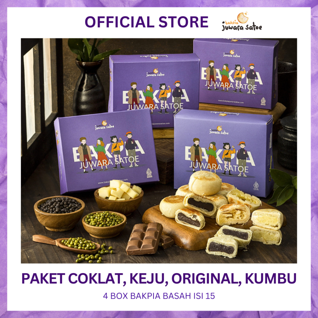 

BAKPIA JUWARA SATOE [ 4 Box ] Paket Bakpia Basah Mix Varian (Coklat, Keju, Original, Kumbu) - Khas Jogja