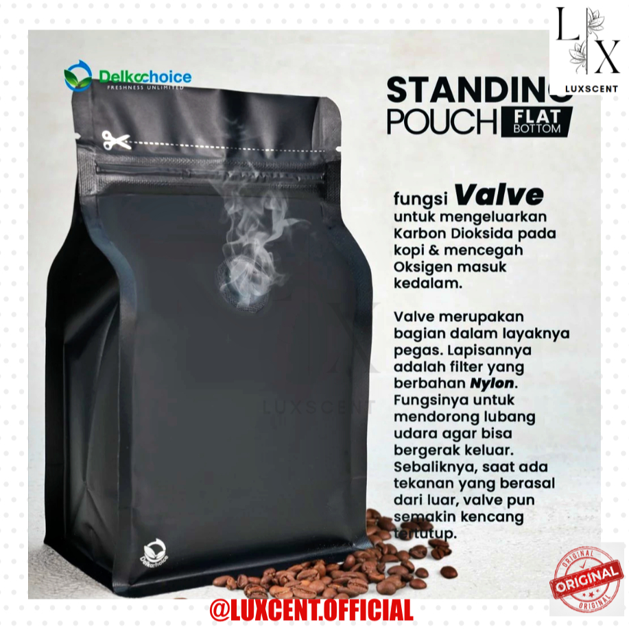 LUXSCENT [VALVE] Kemasan Biji Kopi / Bubuk Kopi Standing Pouch Flat Bottom +Valve Kemasan Kopi Bubuk