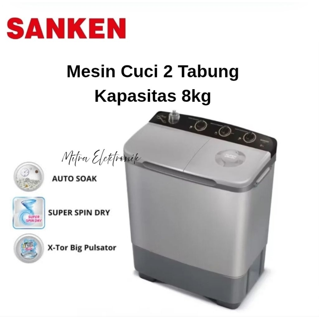 Sanken Mesin Cuci 2 Tabung Kapasitas 8kg 8600RL Garansi Resmi / Mesin Cuci Sanken 2 Tabung 8kg