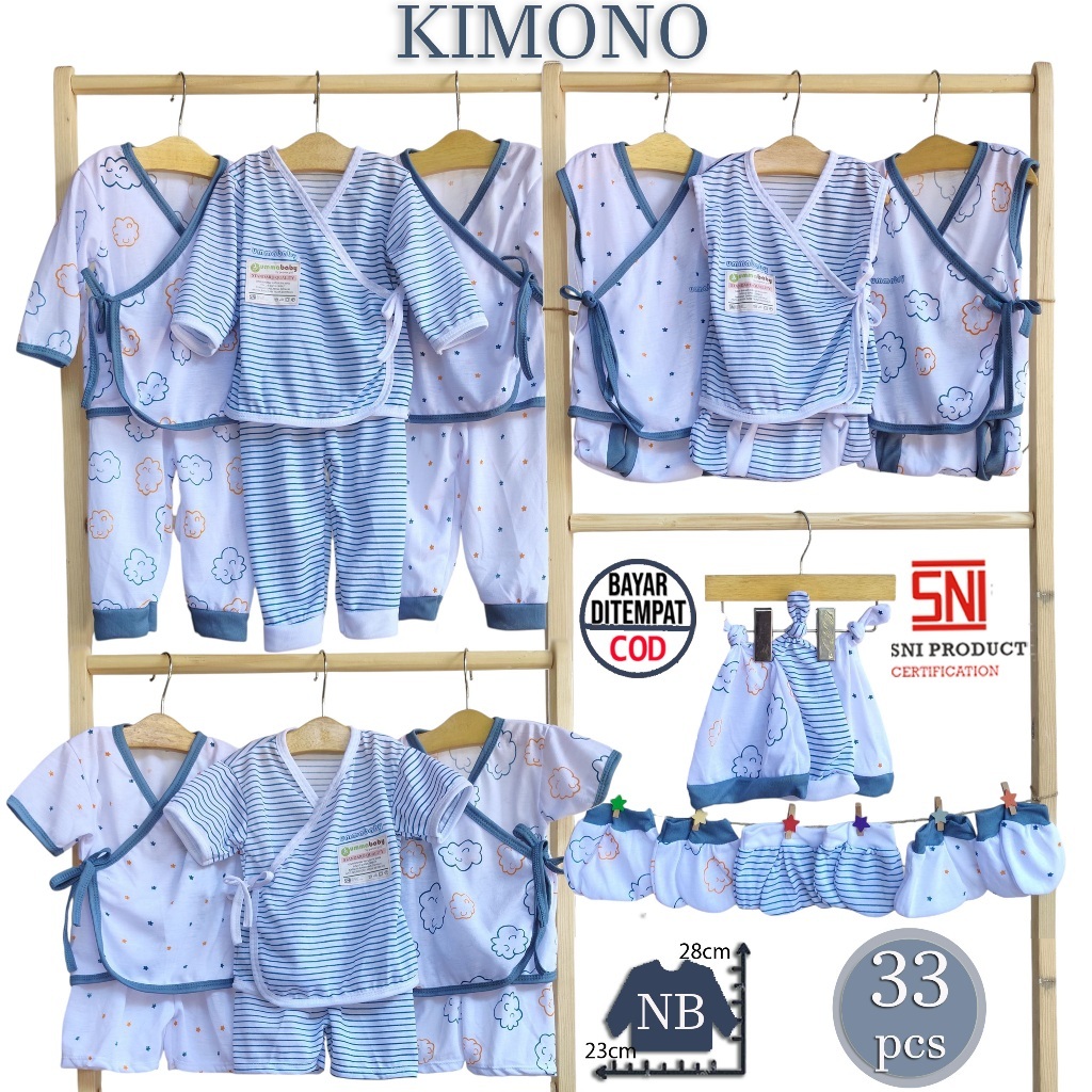 Paket 33 pcs Set Lengkap Baju Bayi Kimono Tali Setelan Outfit Baby OOTD SNI Topi Sarung Tangan Kaki 