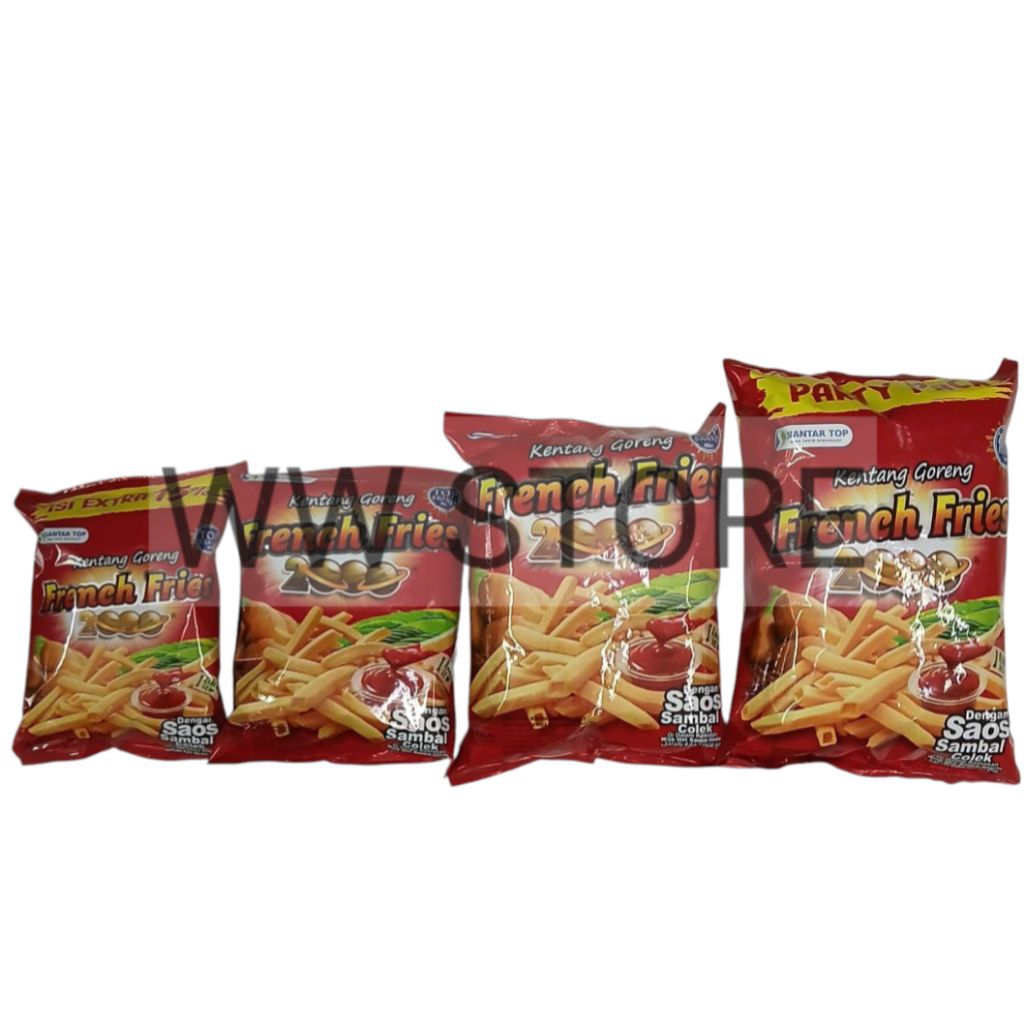 

Cemilan snek makanan ringan ekstrudat kentang dengan saus saos sambal tomat colek halal MUI SIANTAR TOP Kentang Goreng French Fries 2000 24g 62g 130g PARTY PACK 192g