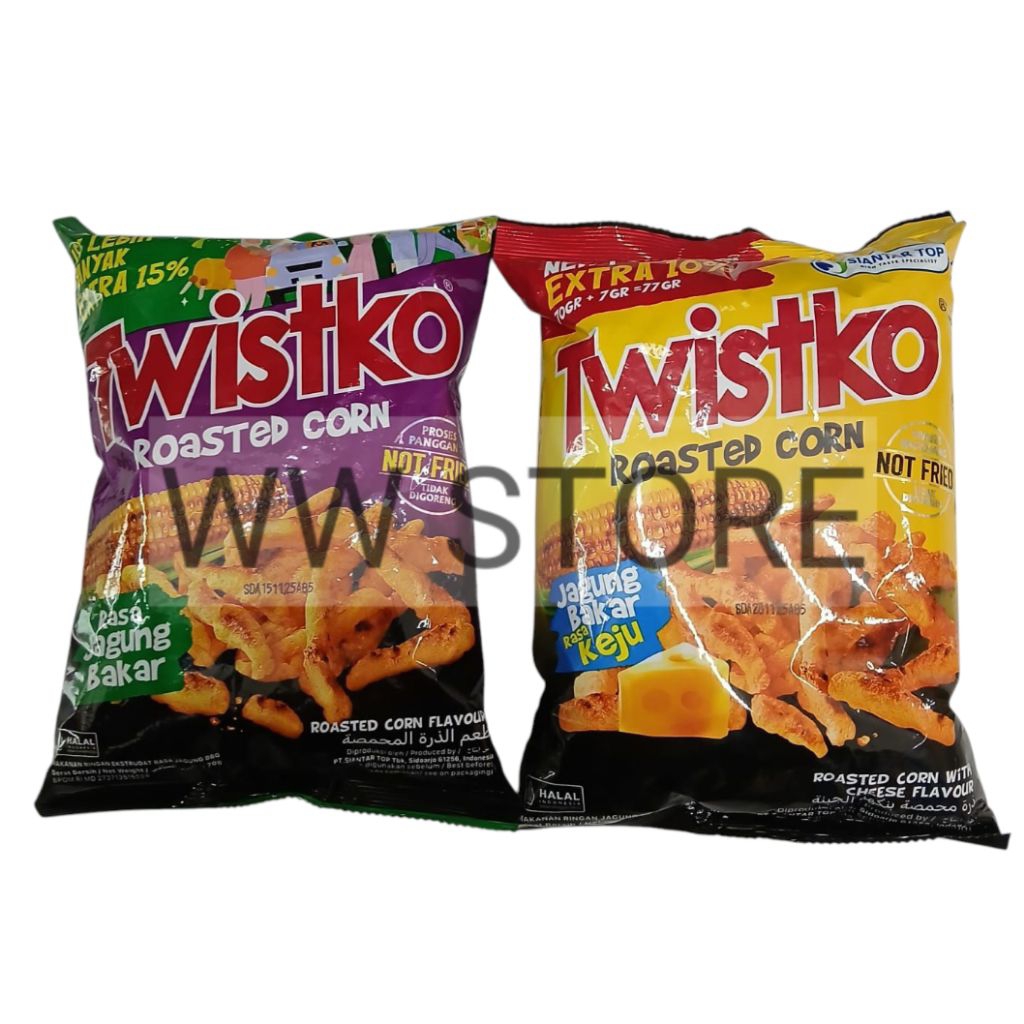

Cemilan snek makanan ringan ekstrudat rasa jagung bakar asli / keju halal MUI SIANTAR TOP Twistko ORIGINAL ROASTED CORN / with CHEESE FLAVOUR flavor 70g