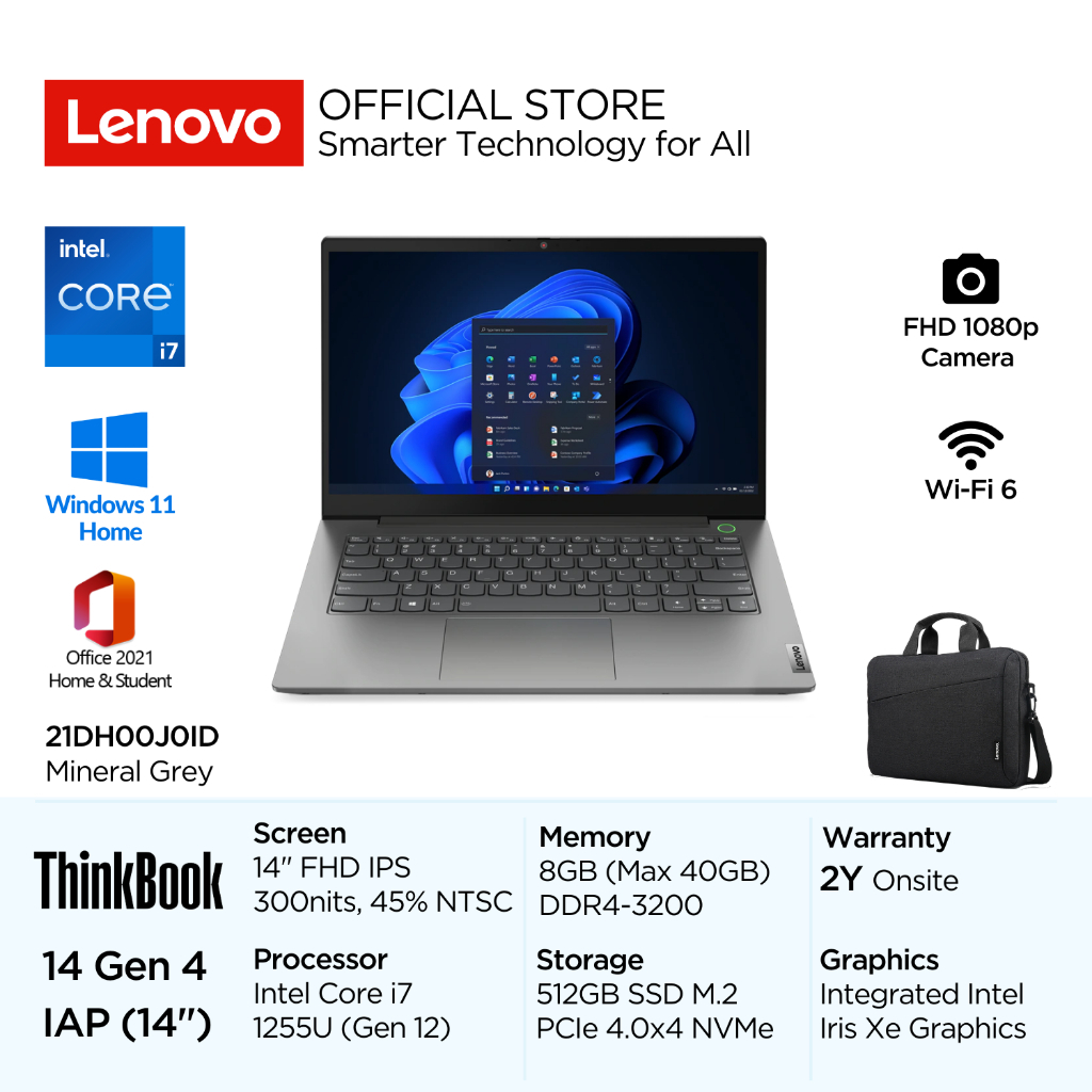 Lenovo ThinkBook 14 Gen 4 IAP-J0ID Intel Core i7 1255U Win11 8GB Soldered 512GB SSD 14" FHD IPS 45% 