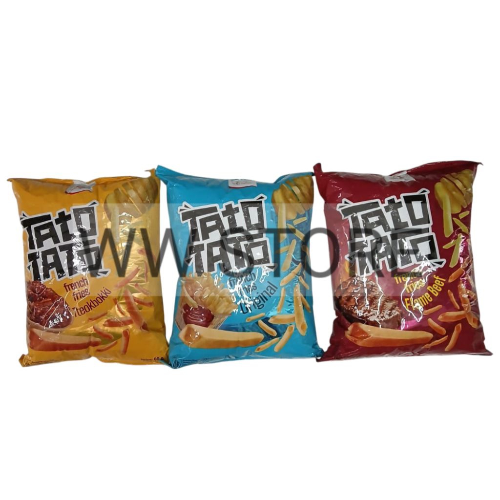 

Cemilan snek makanan ringan kentang rasa asli daging asap topokki DK Dua Kelinci TAtO TATO french fries Original / Tteokbokki / Flame Beef 60g