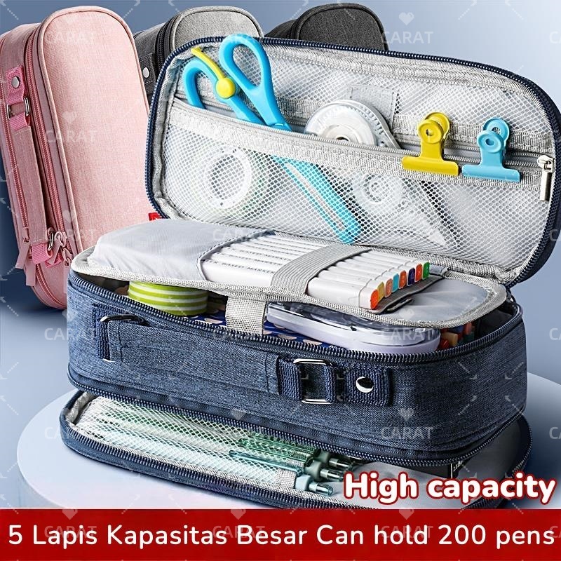 

CARAT Multifunction Double Layer Pen Bag /Organizer Anti Bocor dengan 5 Ruang Kustomisasi/Pencil Bag Large Capacity 5 Layers Storage High Quality Box Cosmetic Bag