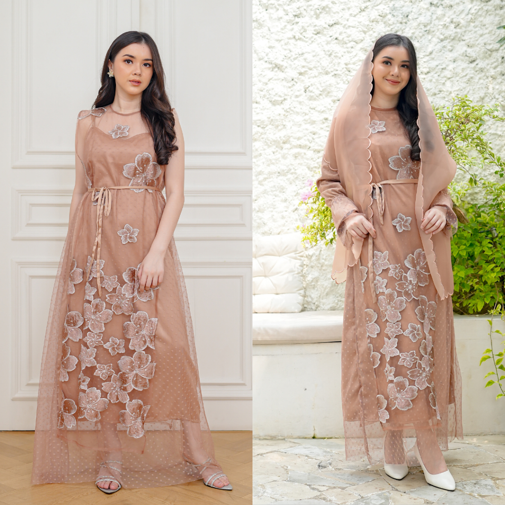 NAMELIS Qiara Dress - Party Dress Tile Floral Brown Cokelat untuk Pesta Kondangan Lamaran Tunangan P