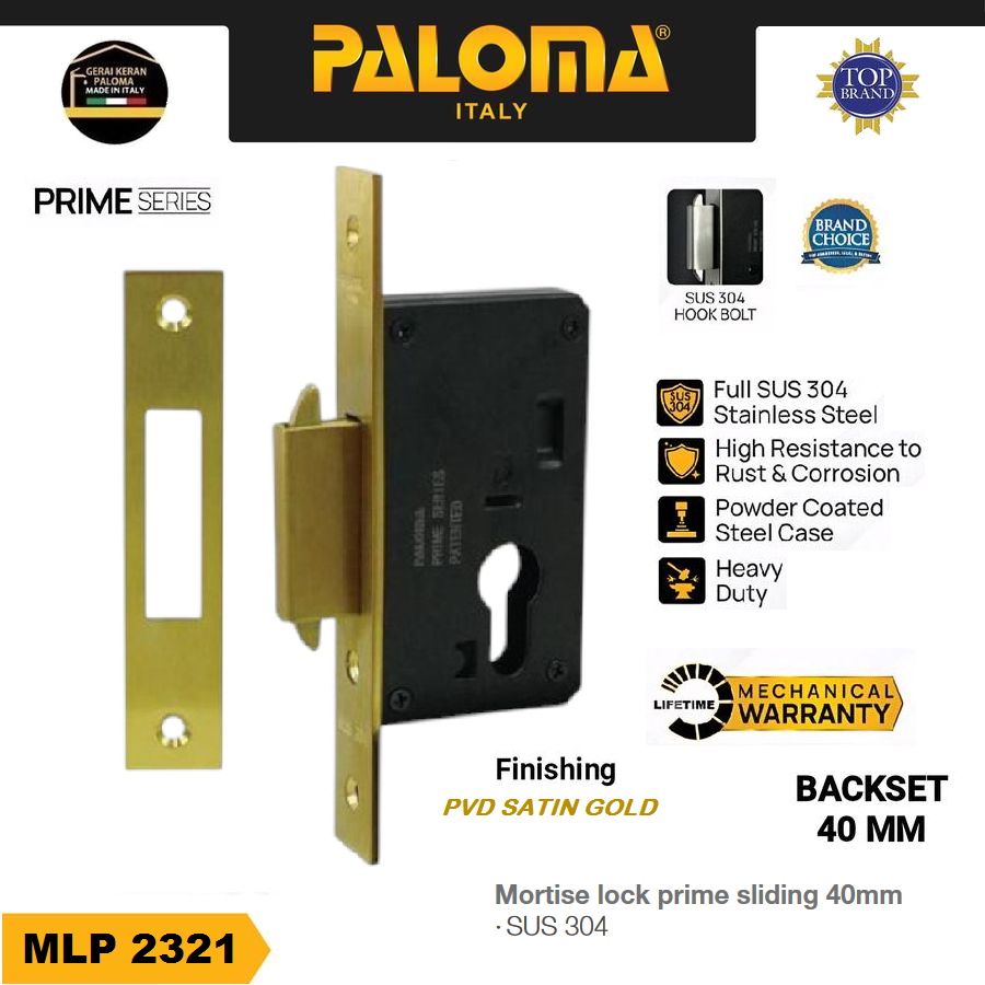 PALOMA MLP 2321 Mortise Lock Body Kunci 40mm Pintu Geser Sliding Stainless SUS 304 SUS304 SATIN GOLD