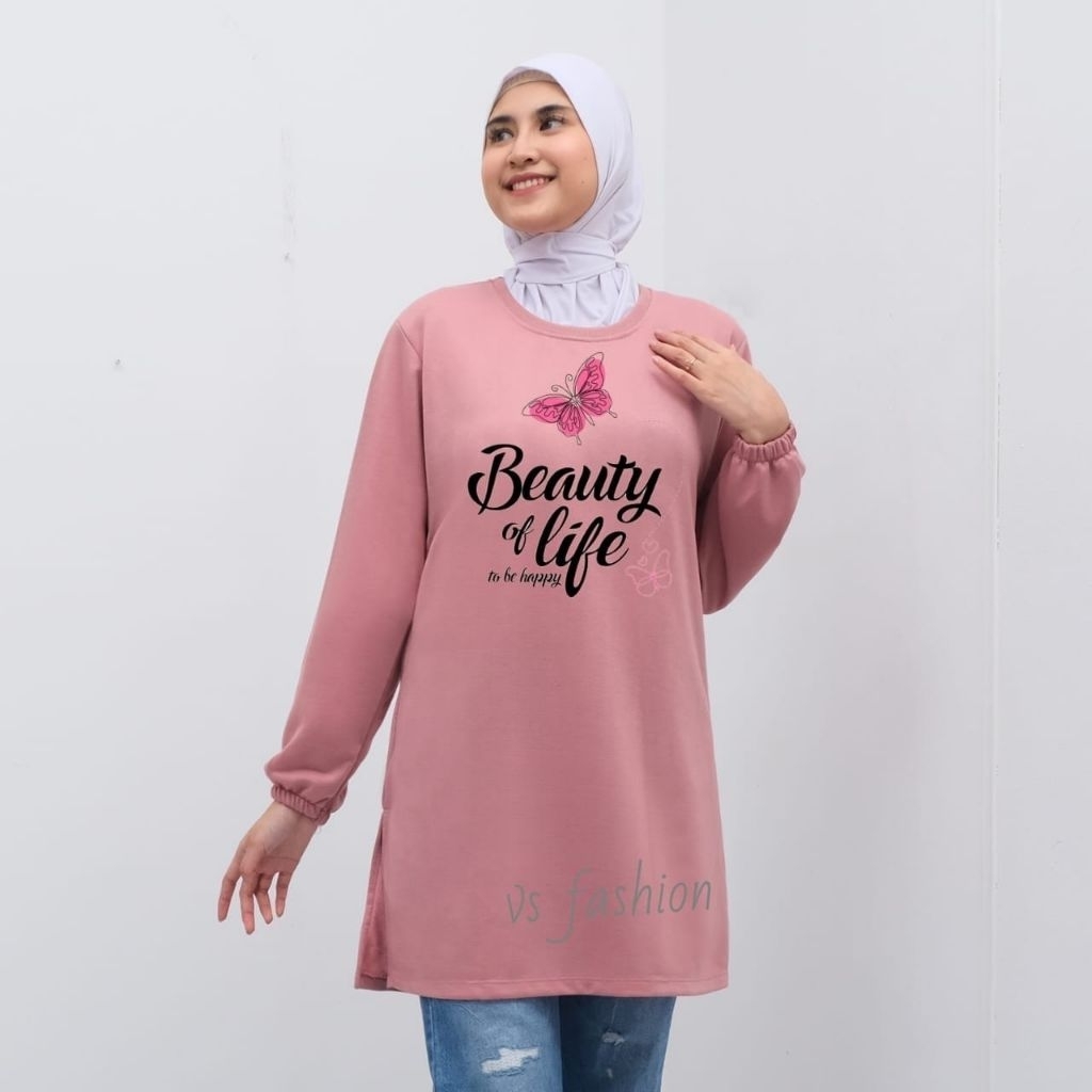 kaos tunik wanita dewasa lengan panjang karet,motif  beauty of life bahan babyterry premium