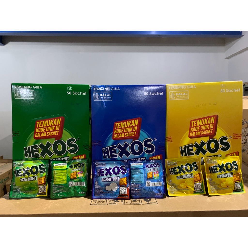 

Permen Hexos Lemon mint, Original Mint, dan Barley Mint.