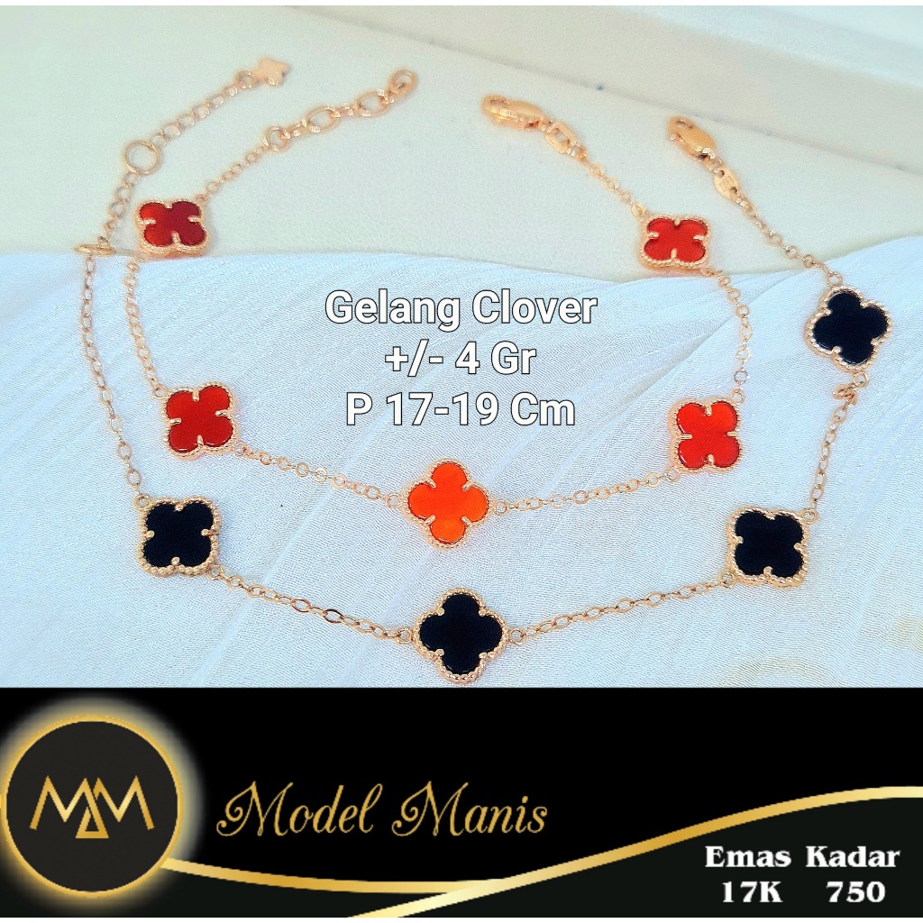 Model Manis Gold - Gelang Clover Black - Red Medium Italy Rosegold - Emas 17k  750