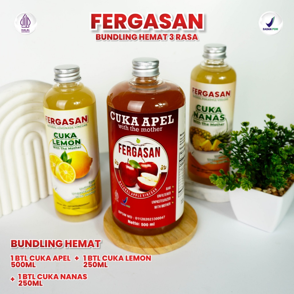 

Paket Bundling Cuka Apel 500 Ml + Cuka Nanas 250 Ml + Cuka Lemon 250 Ml, Cuka Apel Fergasan Original