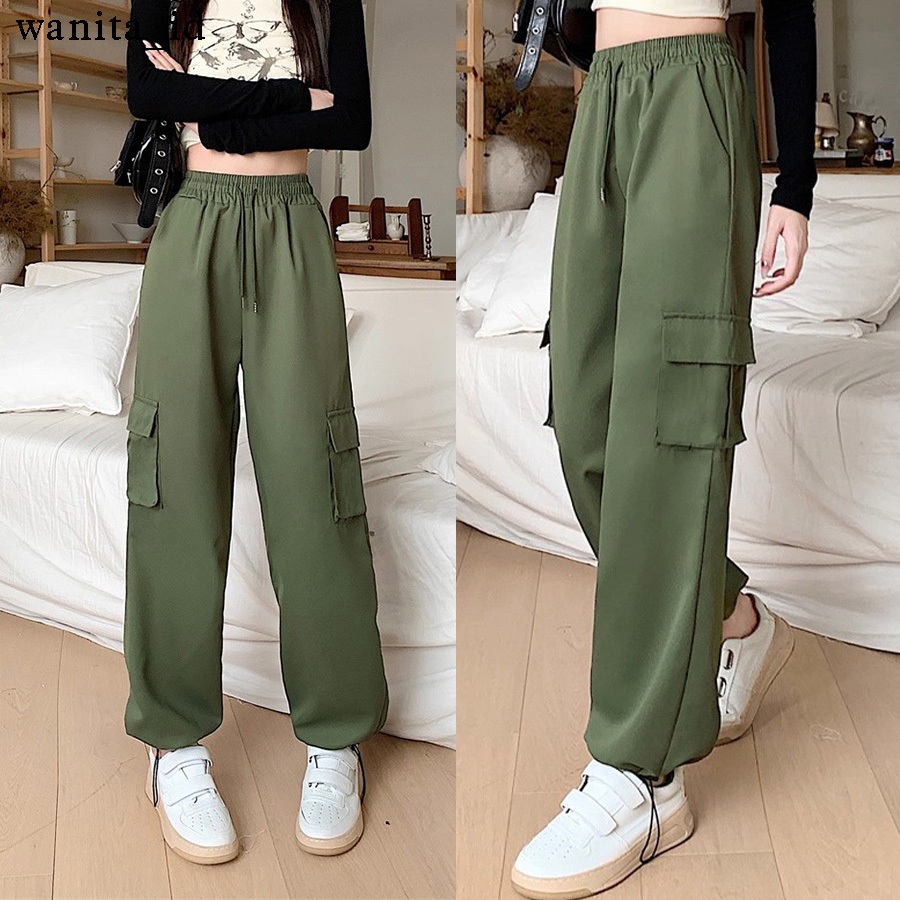 【wanita_id】Celana Cargo Wanita Celana Jogger Cargo Hijau Army Celana Cargo Kasual