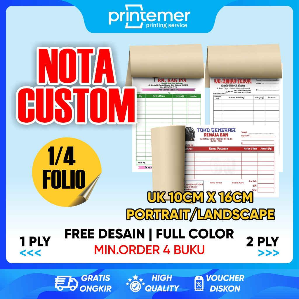 

Nota Custom Satuan Ukuran Standar 1/4 Folio 1 Ply dan 2 Ply