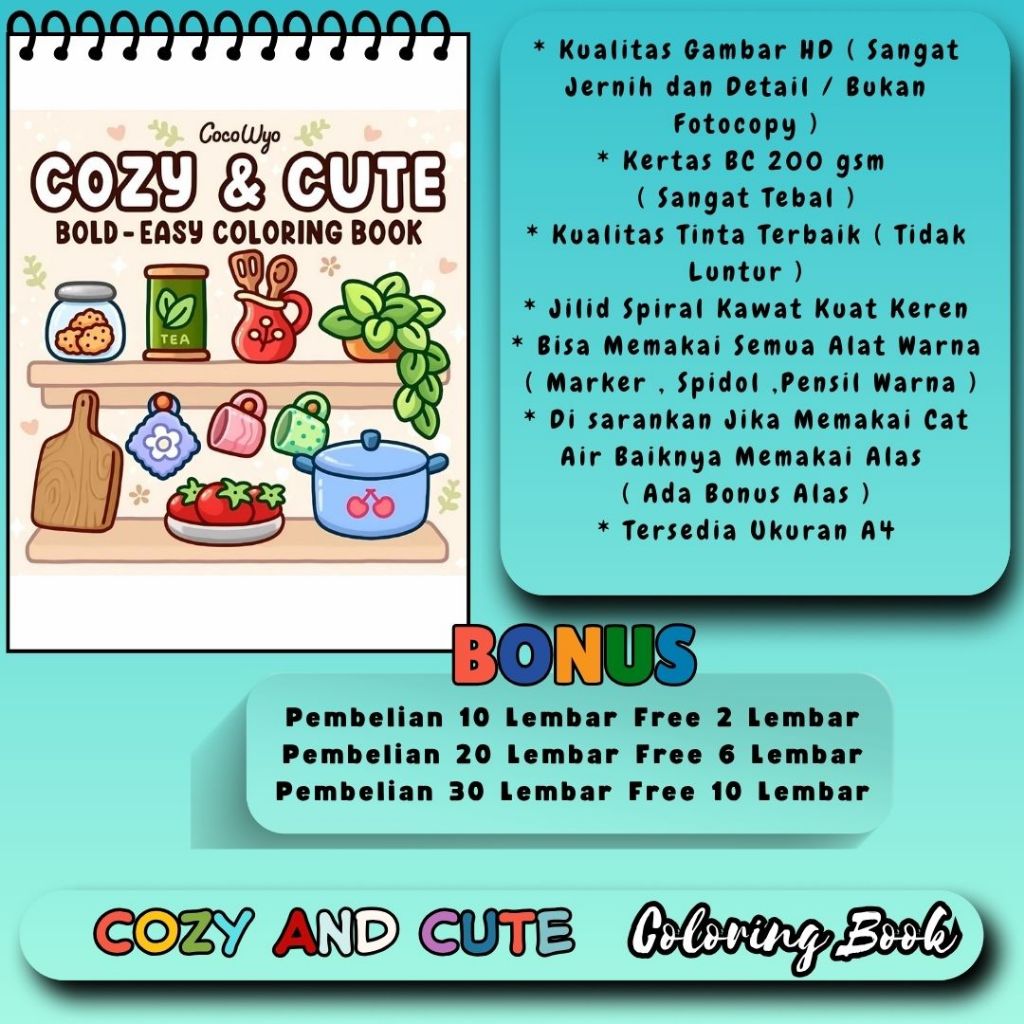 

COZY AND CUTE Bold Easy Coloring Book Buku Mewarnai Murah Premium Tema Bagus Keren Kertas 200 gsm Tebal Gambar HD Jernih Jilid Spiral Kuat