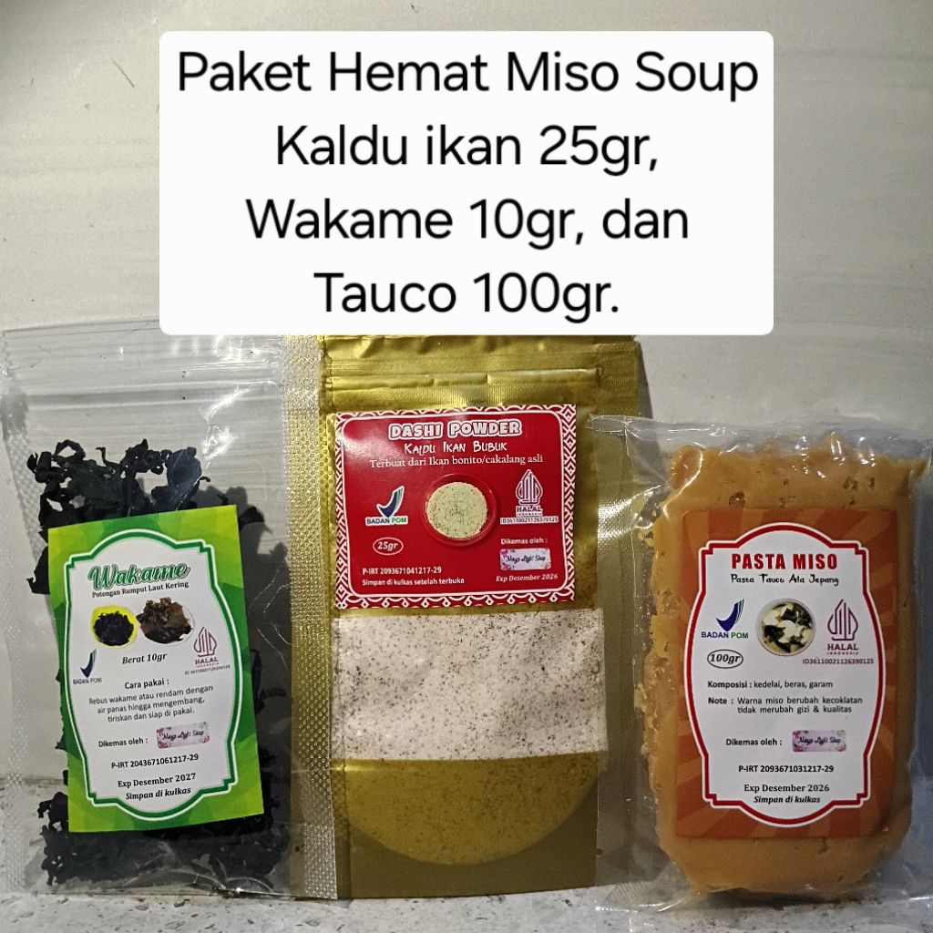 

[SALE] Paket hemat miso soup (wakame 10gr, kaldu ikan 25gr, tauco 100gr) sup miso ala jepang rumput laut kering tauco jepang harga promo sale termurah