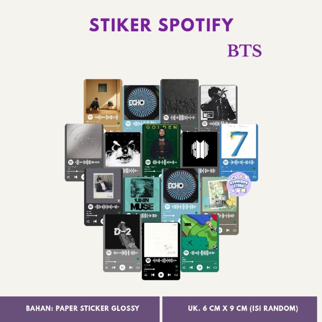 

Stiker Spotify BTS Member Fanmade & Lagu Random - Cocok untuk Kado & Koleksi