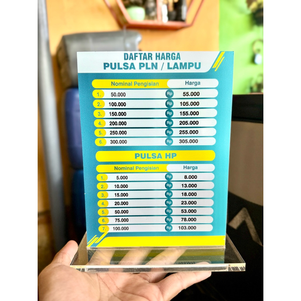 

BISA CUSTOM / EDIT DAFTAR BIAYA TARIF LAYANAN PULSA AKRILIK MEJA UKURAN 15x20CM BAHAN TEBAL
