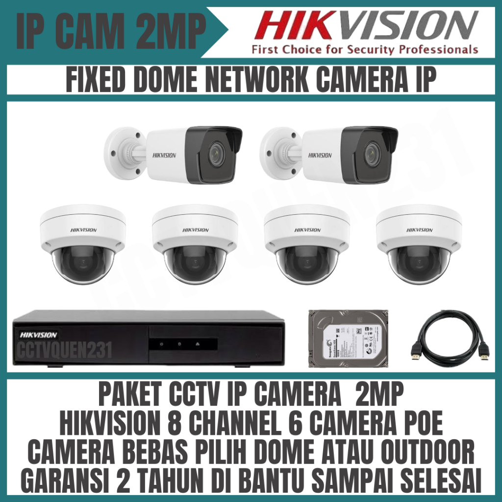 PAKET CCTV IP CAMERA HIKVISION 2MP 8 CHANNEL 6 KAMERA POE CAMERA CCTV DOME