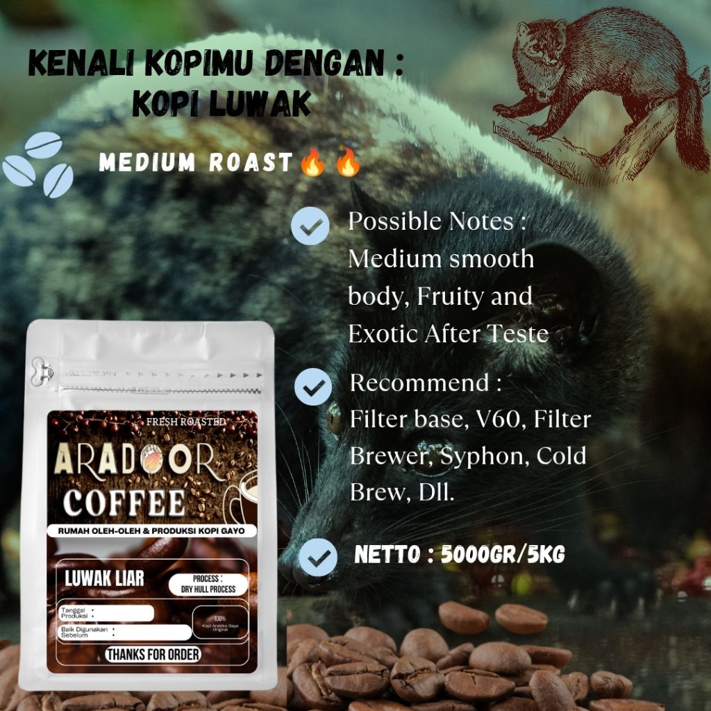 

Kopi Gayo Luwak liar Arabika Gayo 5KG Powder/Roasted Bean Aradoor Coffee