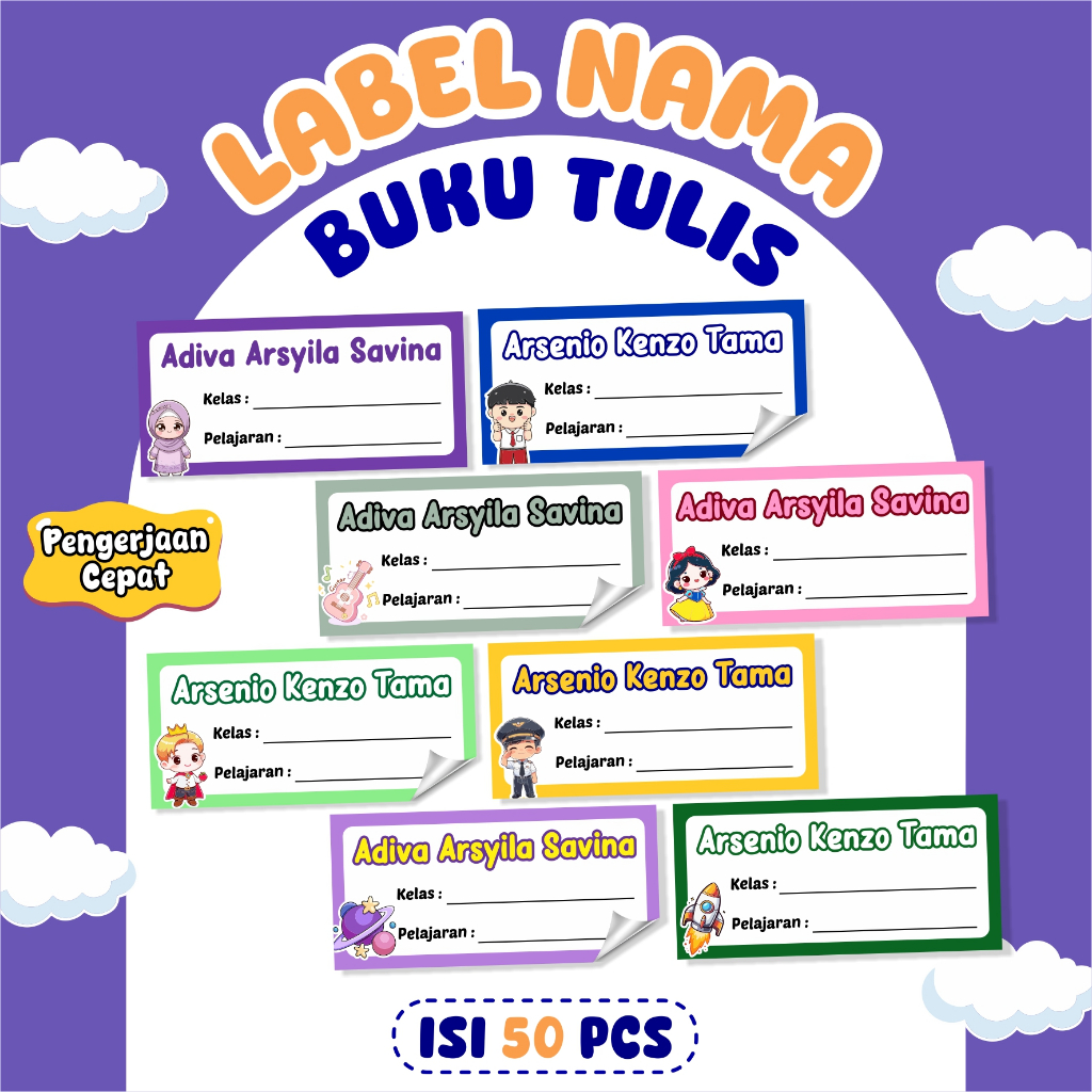 

50 Pcs Stiker Mapel Buku Sekolah Custom Teks Cute Desain