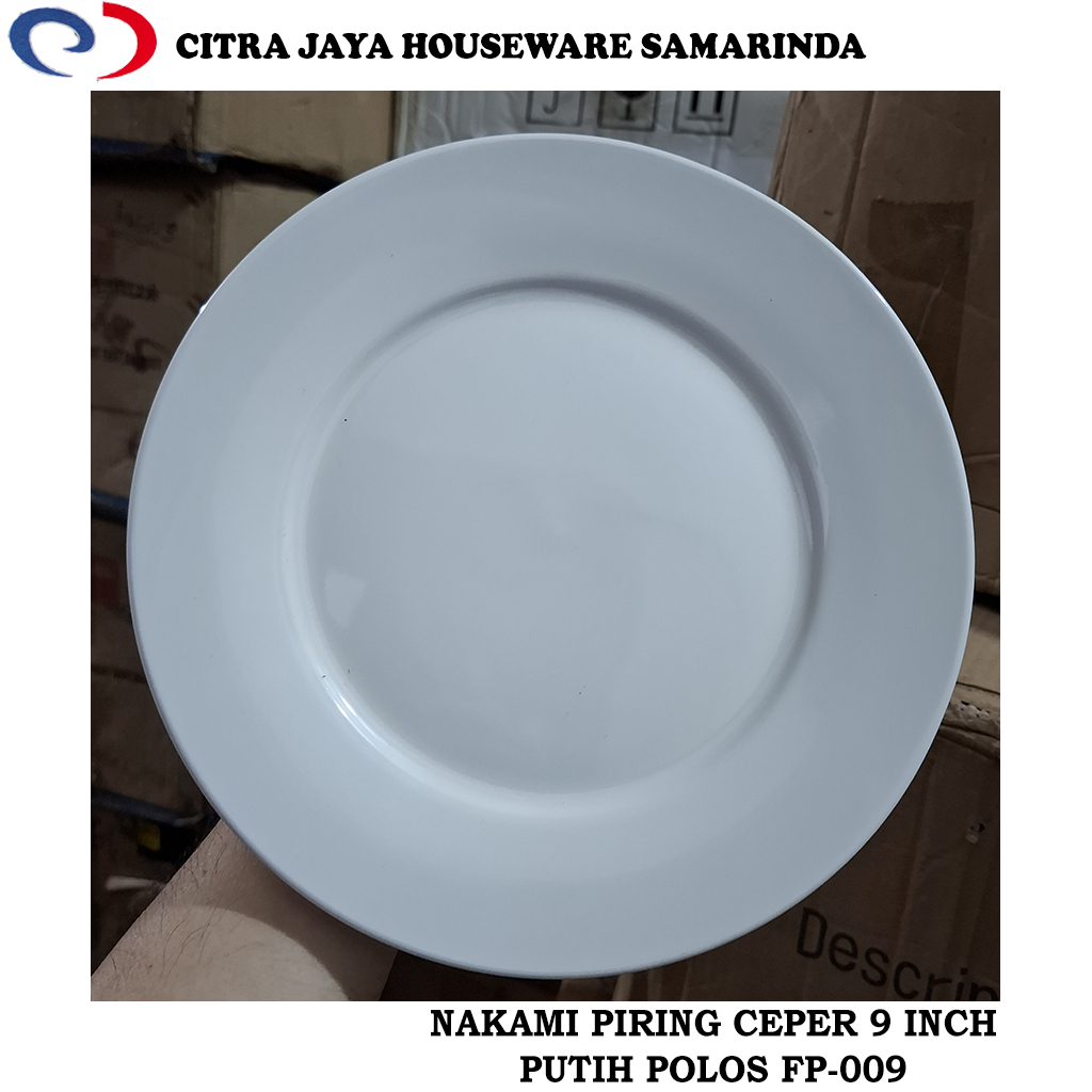 Piring MAKAN DATAR 9 INCH (1 LUSIN / 12 PCS) KERAMIK Putih Polos NAKAMI FP-009