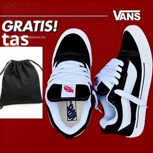 bisa bayar ditempat sepatu vans knu gemuk premium hitam lis putih buat pria wanita gratis tas