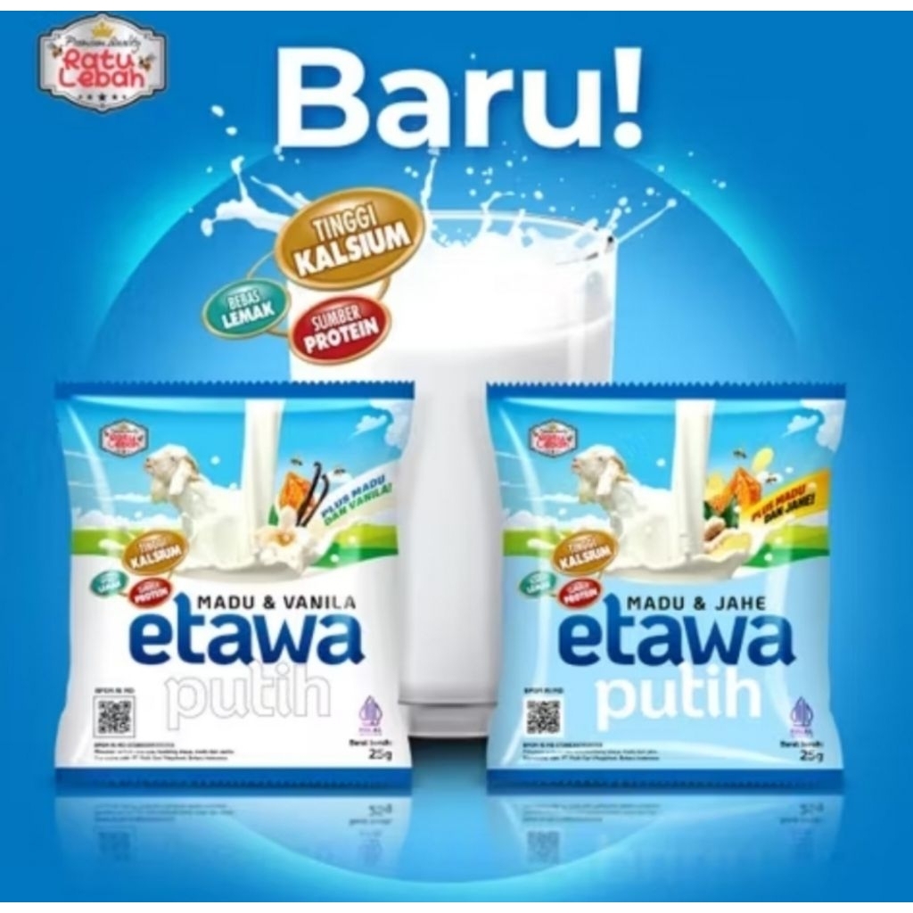 

ETAWA PUTIH Plus Ratu Lebah Kemasan Box isi 10 saset @25 gr | Varian Plus Madu Vaina dan Madu Jahe • Susu Tinggi Kalsium Bebas Lemak Sumber Protein Susu Kambing Bubuk Etawa untuk Kesehatan Tulang Paru-Paru Pencernaan Kecerdasan Otak Terbaik