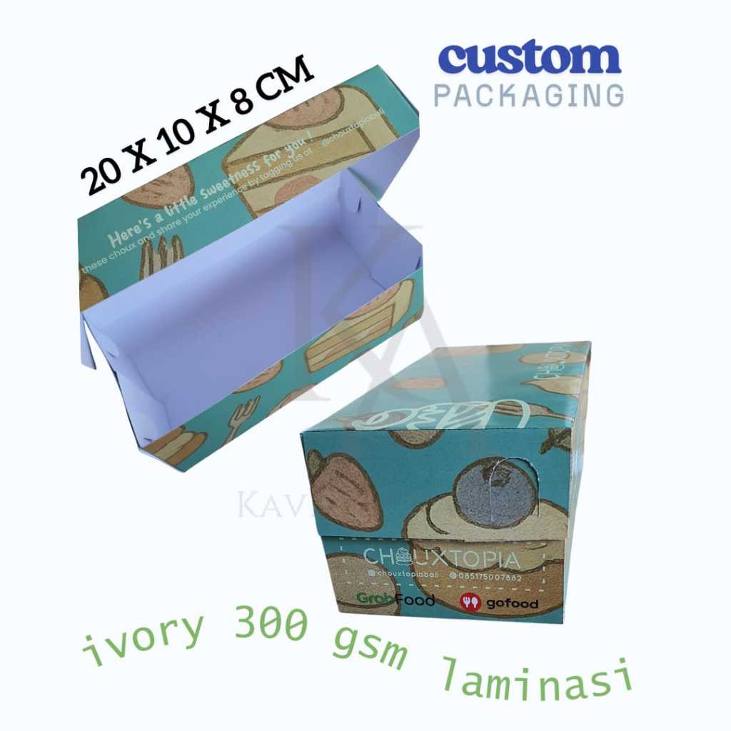 

Custom Dus Bahan Ivory210 Custom Logo Disain Ukuran 20x7x5 cm bukaan atas plong