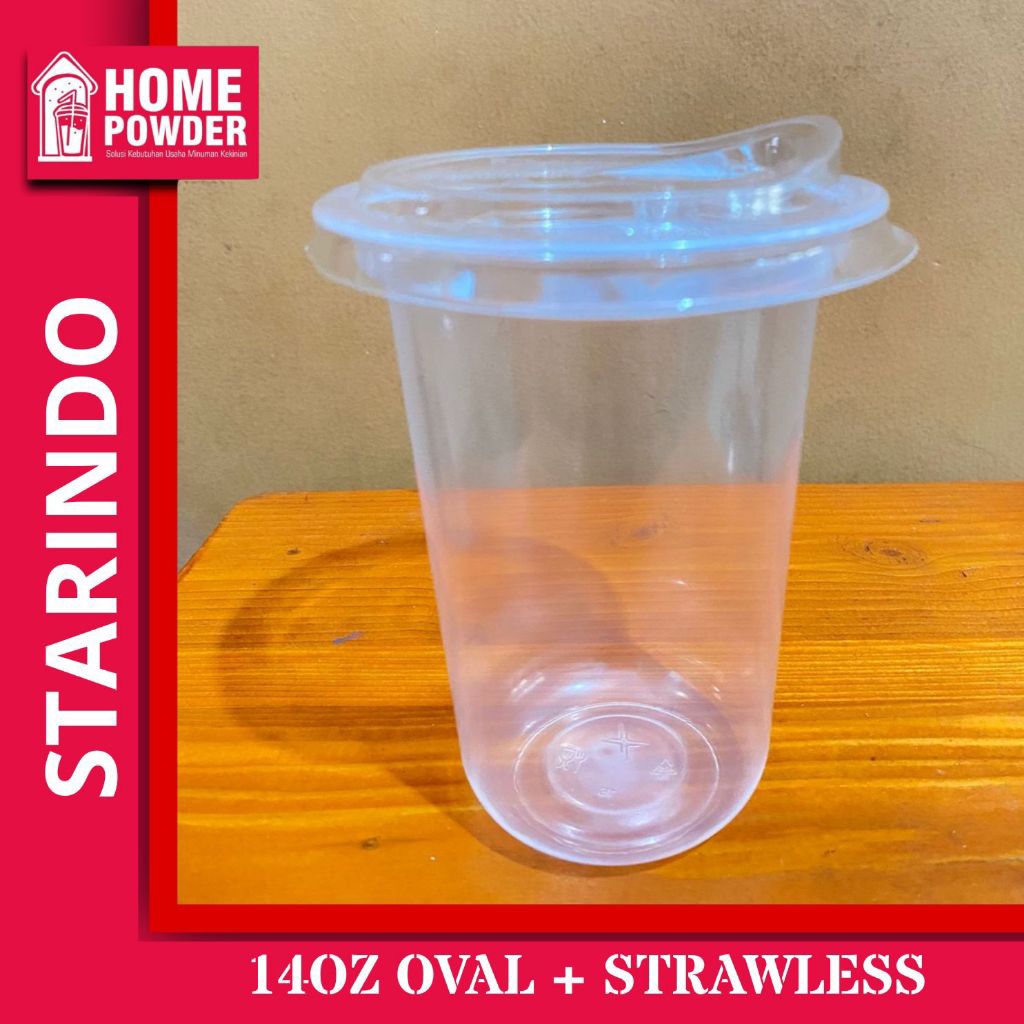 Promo Satu Set Gelas Cup 14 Oz Oval Plus Tutup Strawless PP Starindo