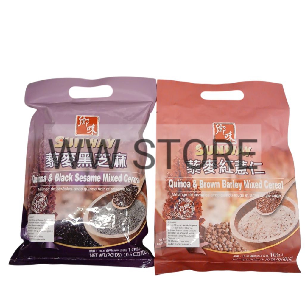 

Serbuk bubuk minuman sereal campuran kinoa dan barli / wijen hitam halal Taiwan SUNWAY Quinoa & Black Sesame / Brown Barley Mixed Cereal 300g ( 10 sachet x 30g )