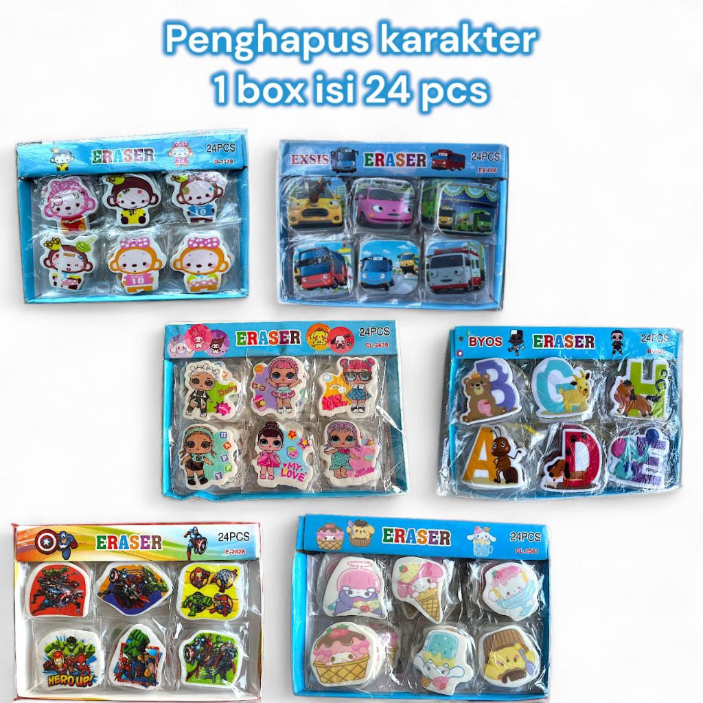 

Penghapus Karakter Lucu 24 pcs / 1 Box – Eraser Bentuk Kartun Unik & Imut