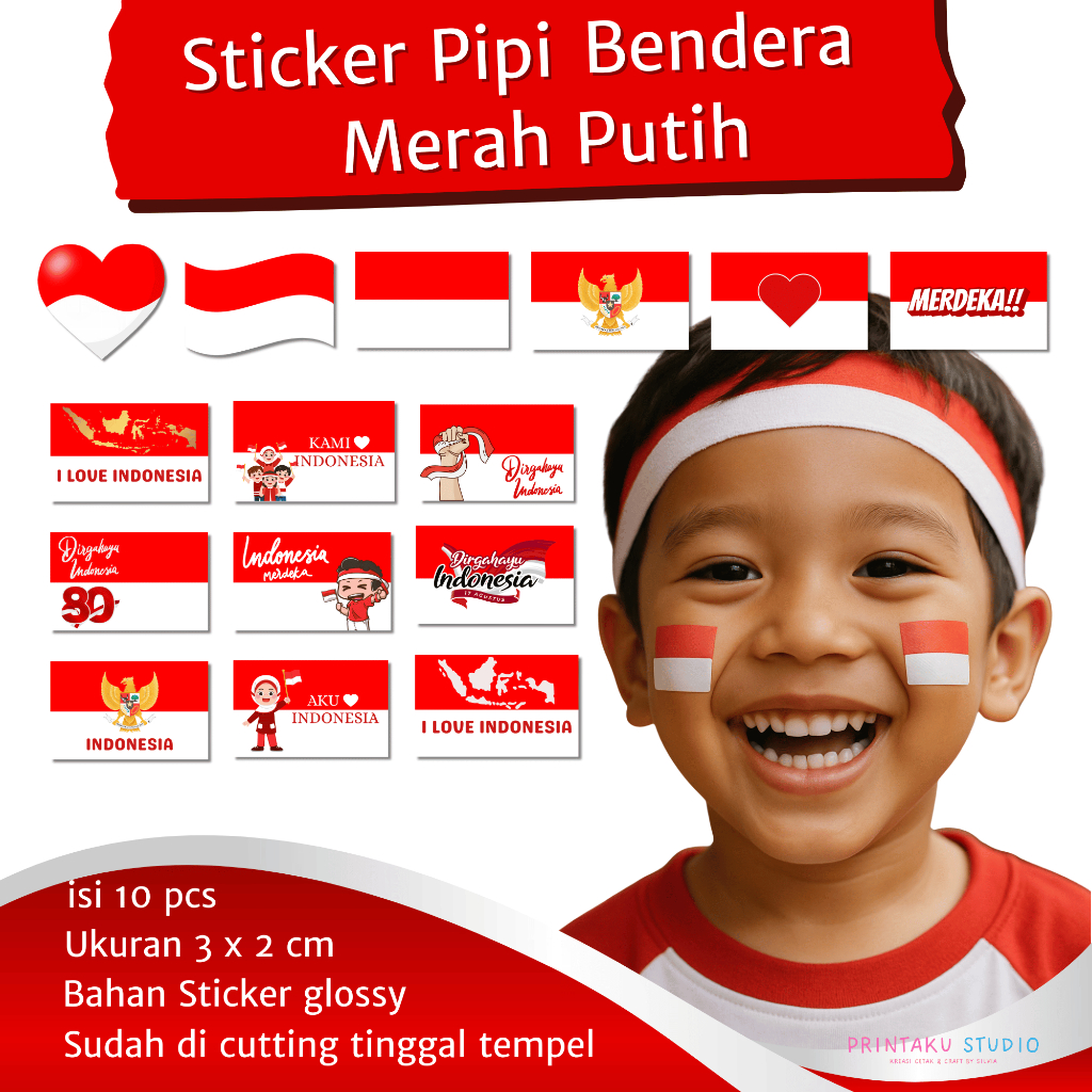 

Sticker Pipi Bendera Merah Putih (isi 10pcs) Dekorasi Kemerdekaan Indonesia Bahan sticker glossy ukuran 3cm x 2cm