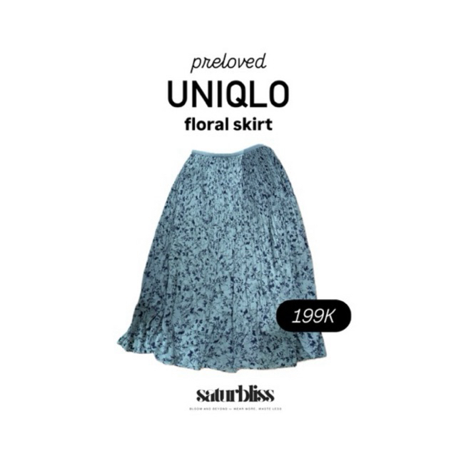 Preloved rok uniqlo hijau tosca pattern navy