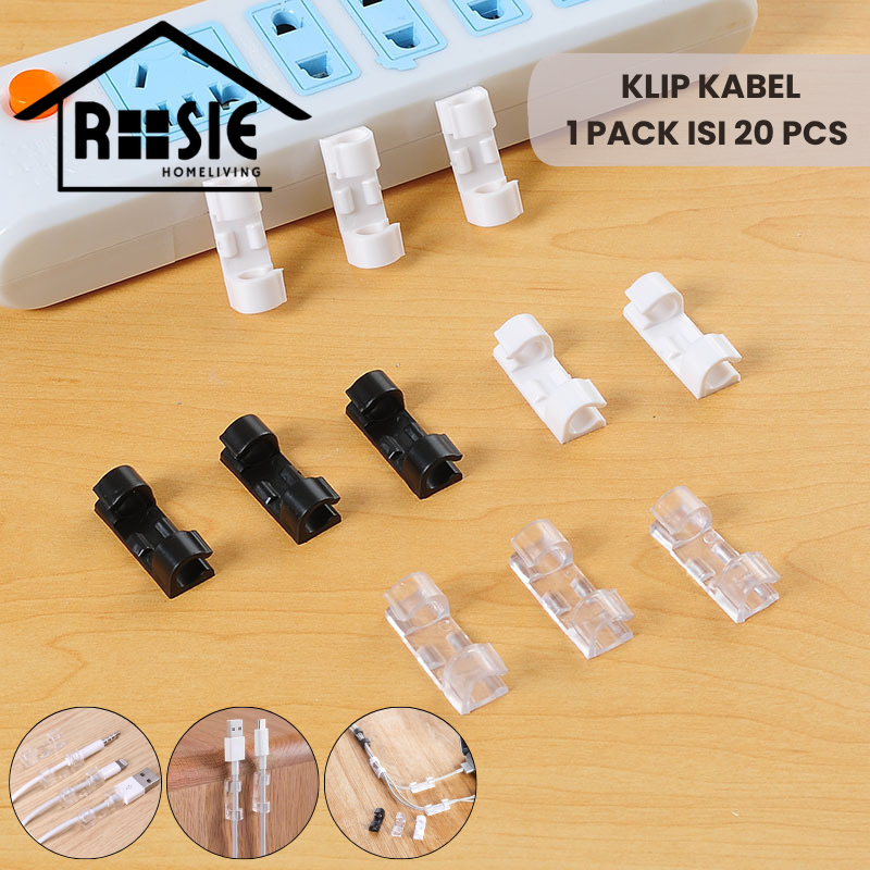 ROSIE Klip Kabel Organizer Cable Clip 1 pack isi 20 pcs Tempel Dinding Meja Kursi Kayu Penjepit Peng