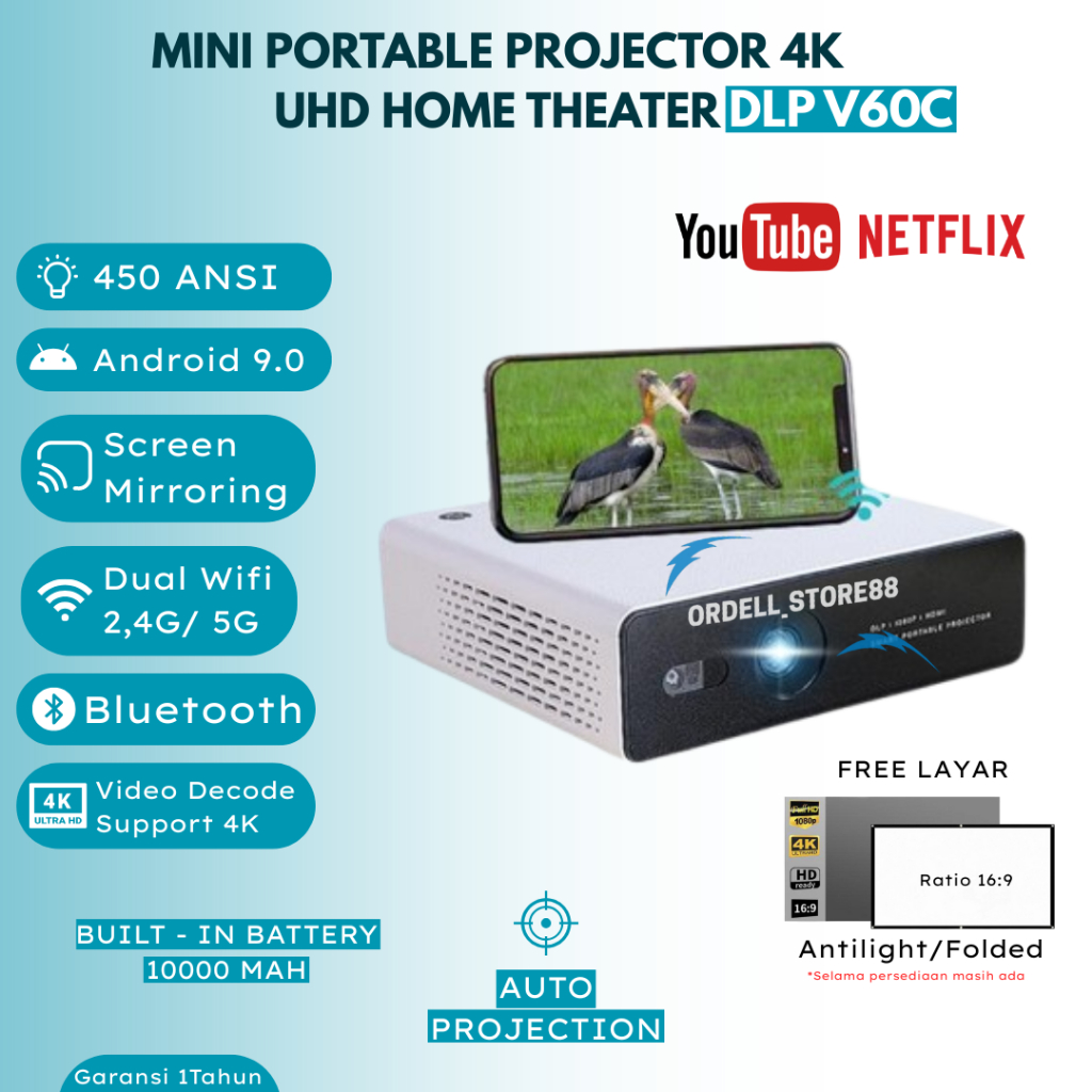 DLP Projector V60C 450 ANSI Lumens RAM 1/32GB 1080P Support 4K UHD | Proyektor Mini Smart Android 9.