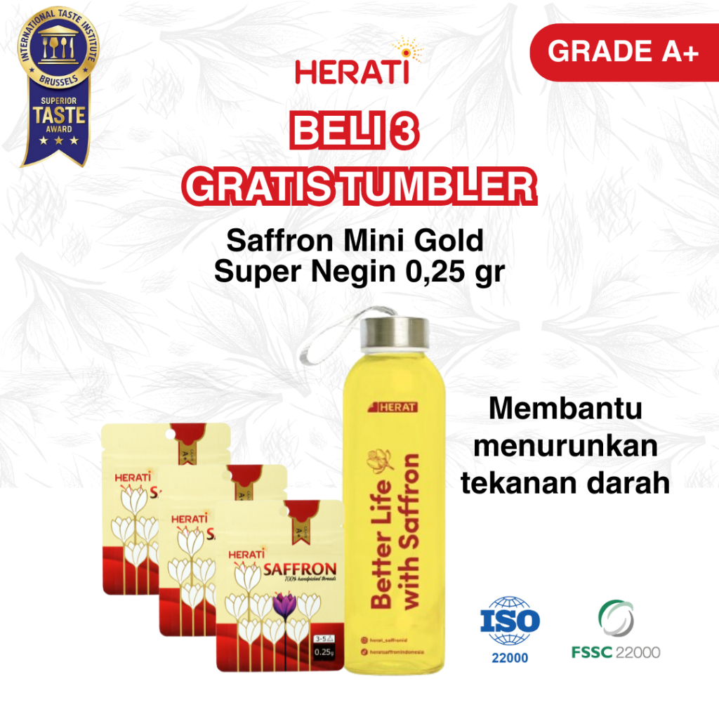 

Gratis Tumbler Paket Bundling Isi 3 Herati Saffron Afghanistan Super Negin Mini Gold 0,25 gr Bunga Safron Grade A+ Premium Asli 100% Original