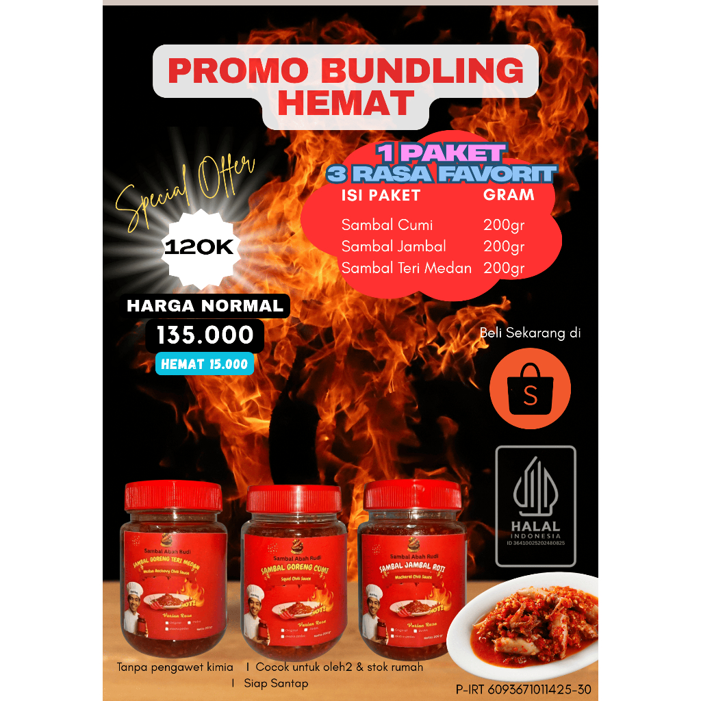 

Bundling Hemat Sambal Abah Rudi 3 Varian x 200gr – Cumi, Jambal, Teri Medan – Level Pedas Pilihan