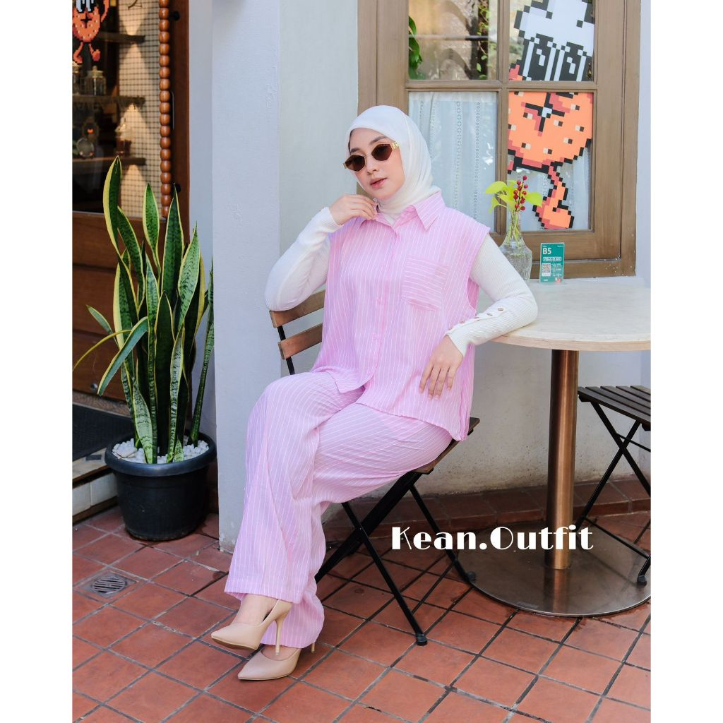 Yuriza One Set vest wanita kekinian Kean.Outfit  Soft katun garis garis pink