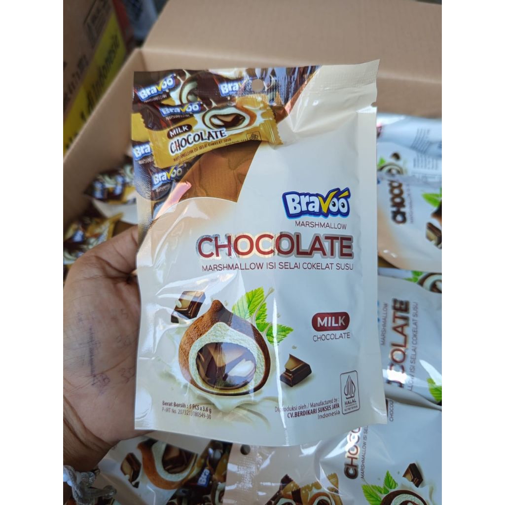 

Bravoo Marshmallow chocolate | Bravoo Chocoball Marshmallow | 1 pack isi 5pcs x 3.6 gr | camilan atau snack kenyal dan manis l