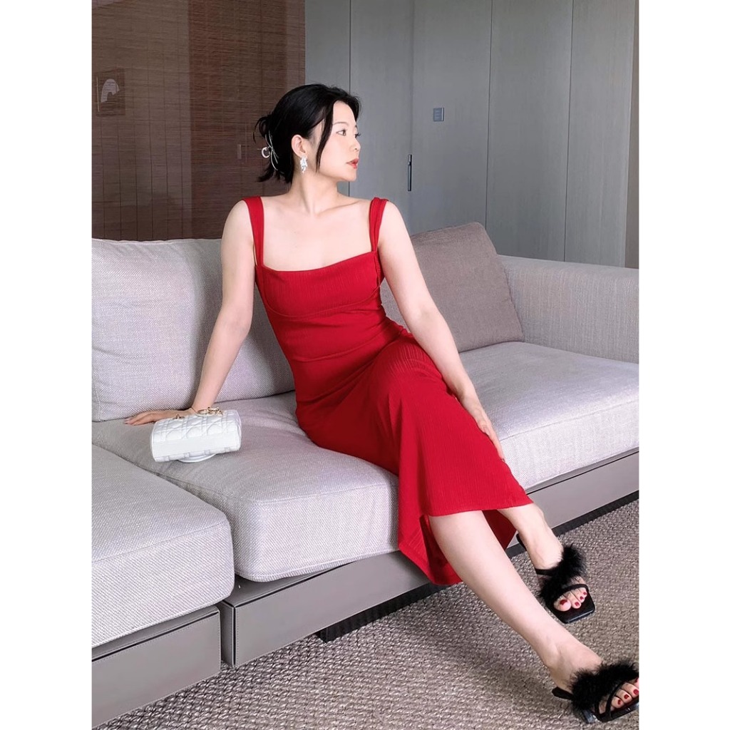 midi dress merah halter backless Serut pesta korean style Imlek Wanita kekinian dress sexy pantai dr