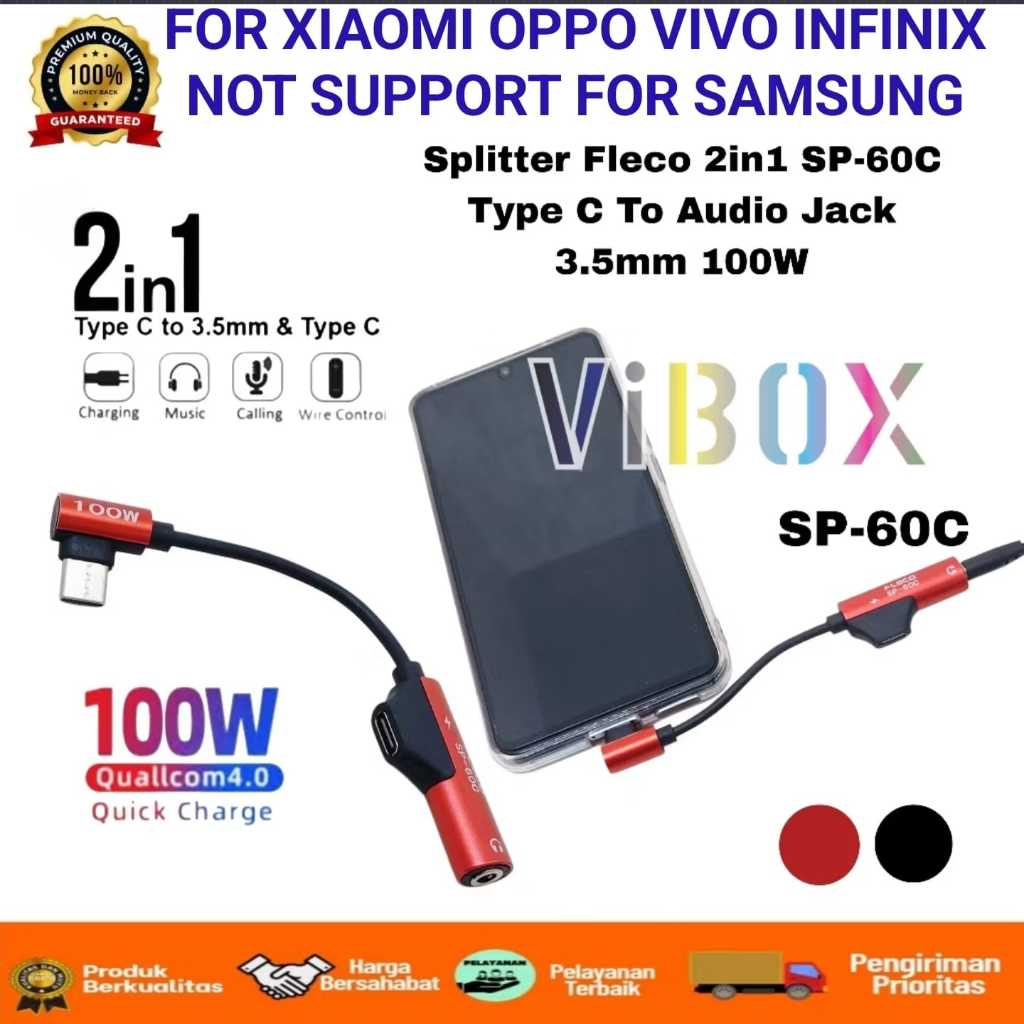 Otg Splitter Fleco SP-60C Type C 2in1 Kabel Sambungan Audio Splitter Type C 2IN1 Sambungan Aux 2in1 
