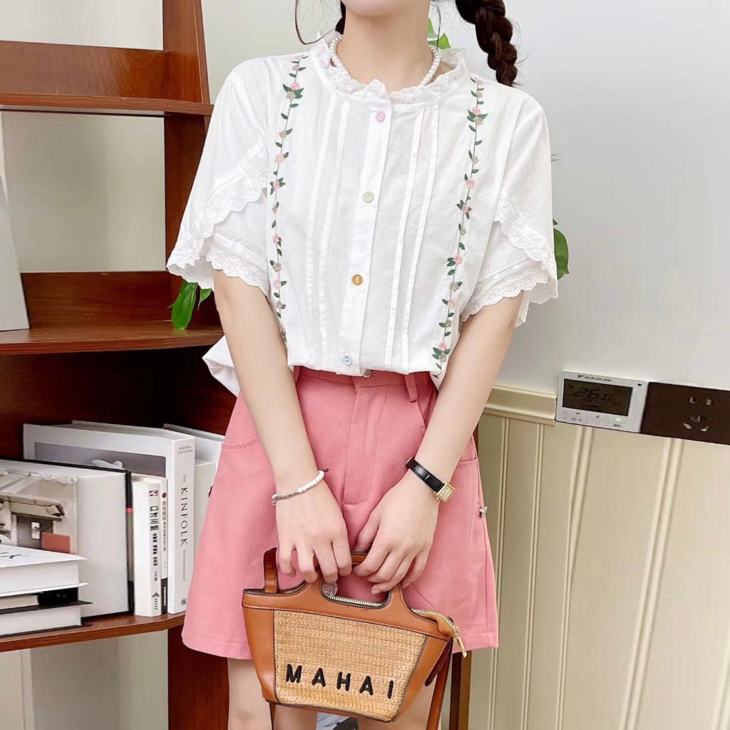 BLUS WANITA KATUN LINEN PUTIH BORDIR BUNGA PINK LENGAN BELAH KOREA IMPORT