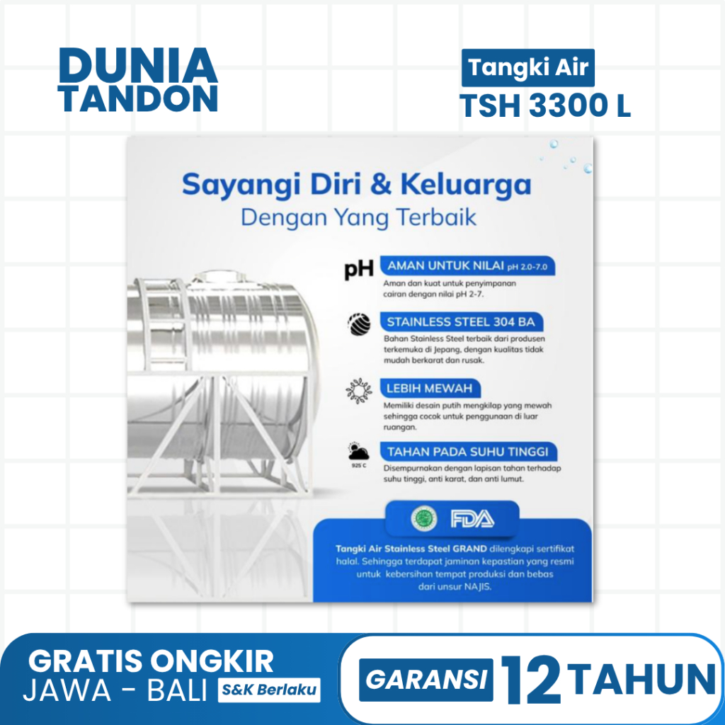 Tandon Air Stainless Grand Horisontal 3300 Liter TSH3500 / Tandon Air Stainless