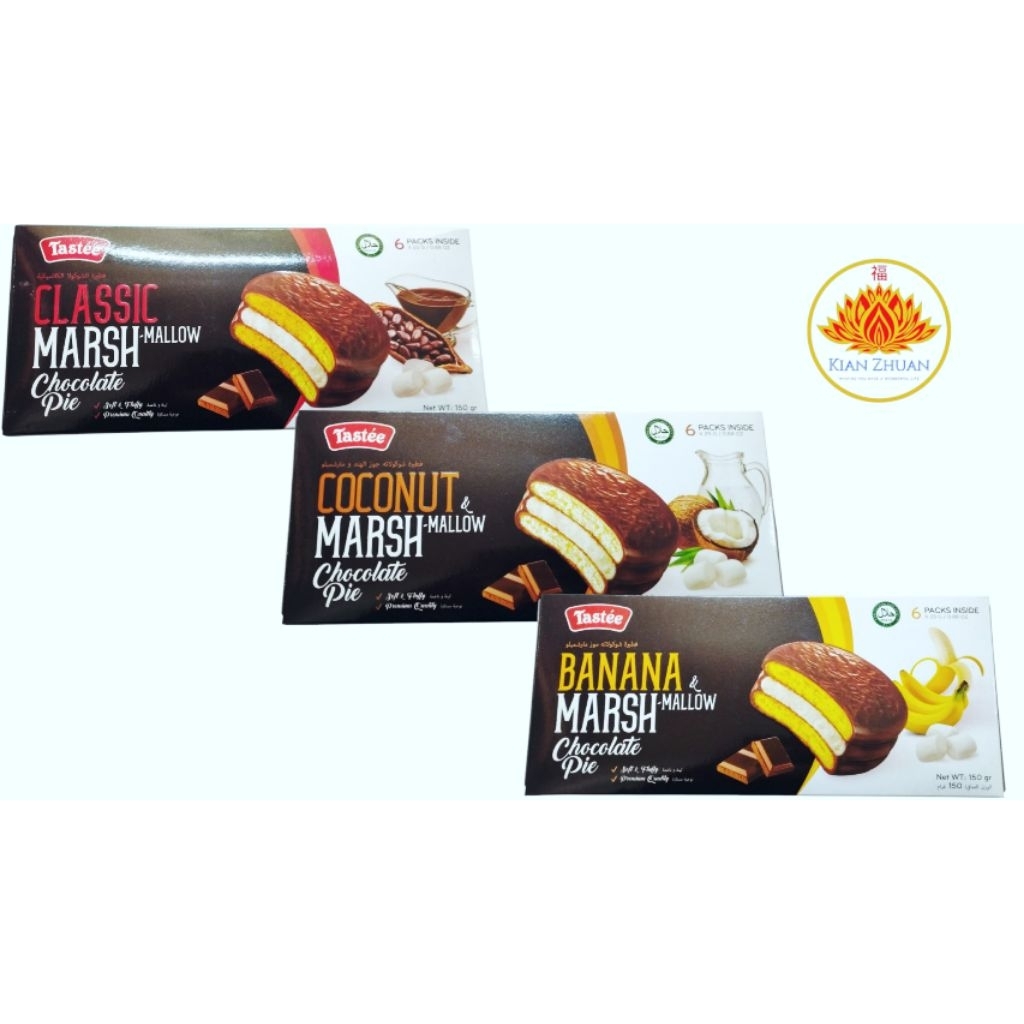 

Tastee Marsh Mallow Chocolate Pie 150gr Clasic,Banana,Coconut Isi 6Packs