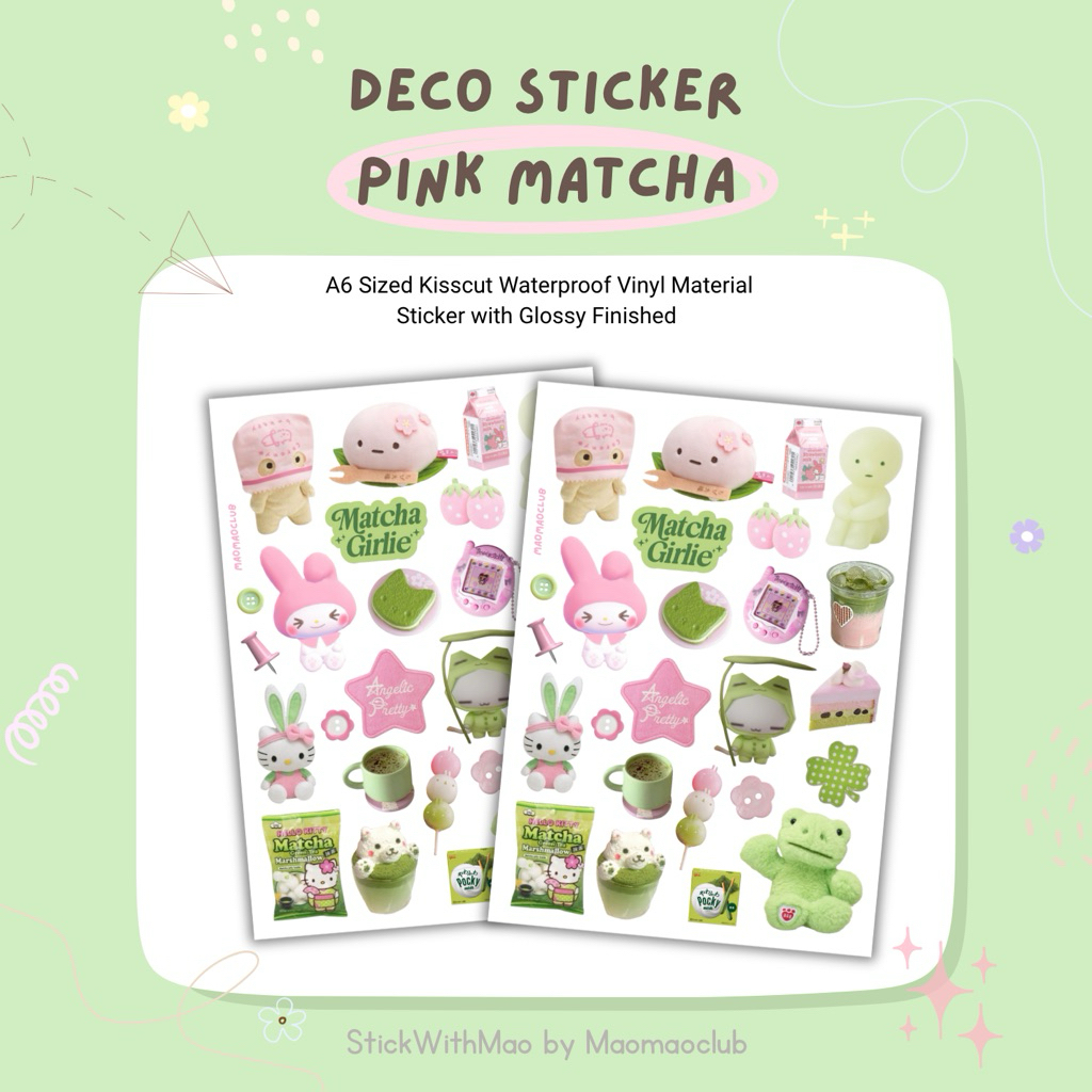 

Pink Matcha Green Trinkets Deco Sticker Sheet (Hello Kitty, Smiski, Sanrio, My Melody) for Journal Journaling by StickWithMao
