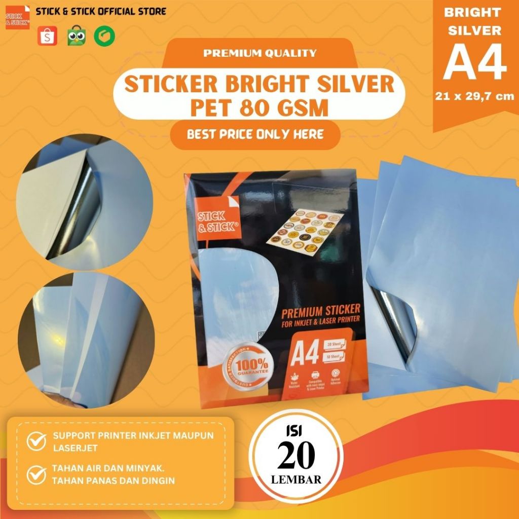 

Sticker Bright Silver PET A4 80 Gsm A4 Isi 20 Lbr / Label Promosi, Anti Air, Bisa Printer Inkjet