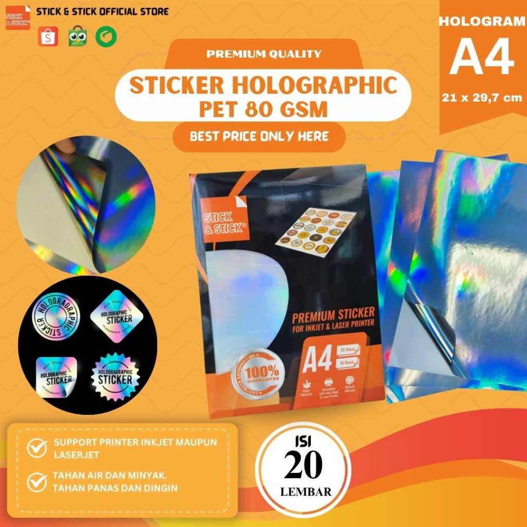 

Sticker Holographic PET 80 Gsm A4 Isi 20 Lbr / Label Promosi, Anti Air, Bisa Printer Inkjet