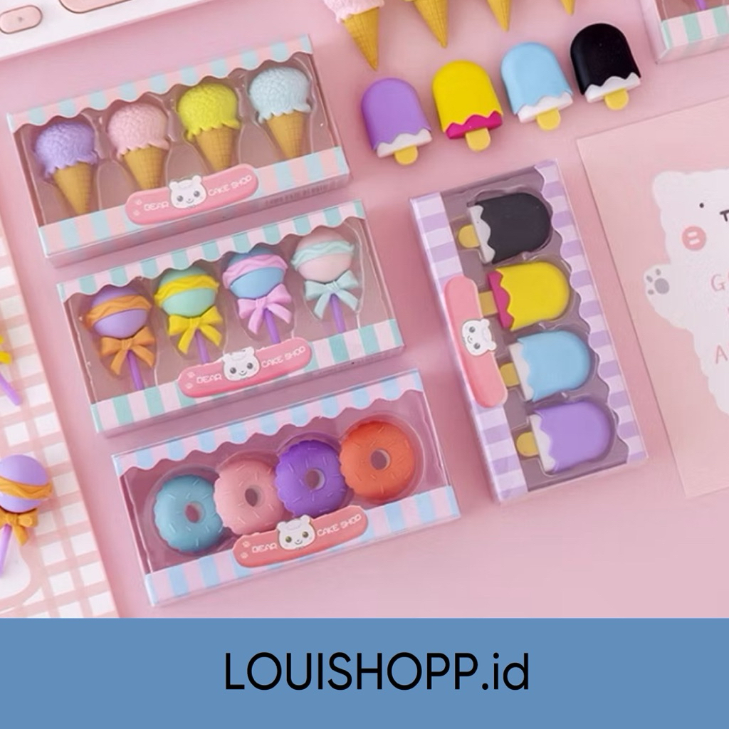 

LOUISHOP-L6879 Penghapus 4 Pcs / Set Lucu Bentuk Es Krim Karet Hapus Lolipop Donat Pensil Karakter Sweet Eraser Anak Sekolah Karakter 4pcs Bentuk Makanan Donut Ice Cream