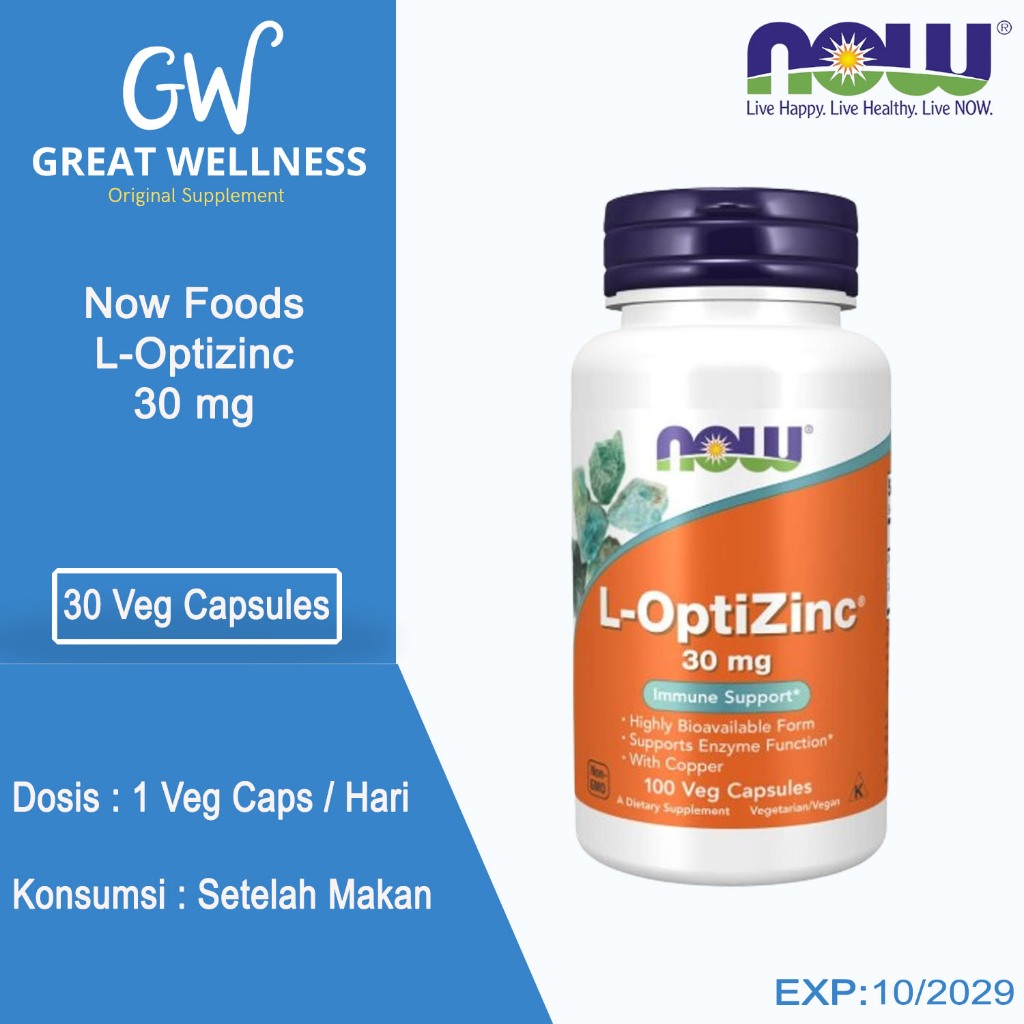 (PASTI ASLI) Now Foods L-OptiZinc L Opti Zinc LOptizinc Immune 100 Veg Capsules