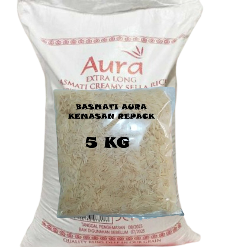 

Beras Basmati Aura Extra Long Creamy Sella Kemasan Repack 5kg Basmati Rice
